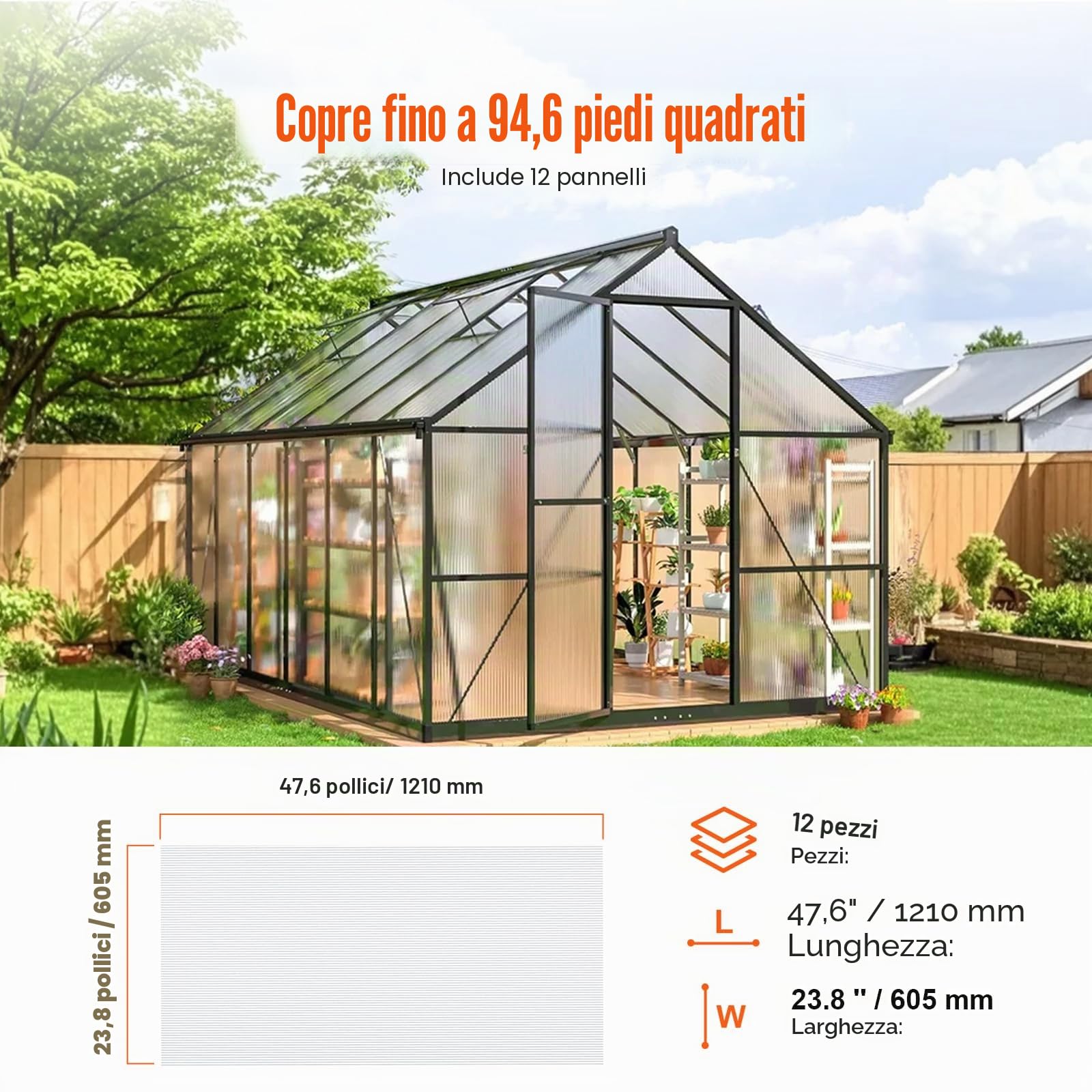 VEVOR Pannelli per Serre in Policarbonato per Tetti 12 Pezzi, 1210 x 605 x 6 mm, Coperture in Plastica Ondulata Impermeabile e Protetta dai Raggi UV, Lastre Trasparenti per Coperture Urti per Serre
