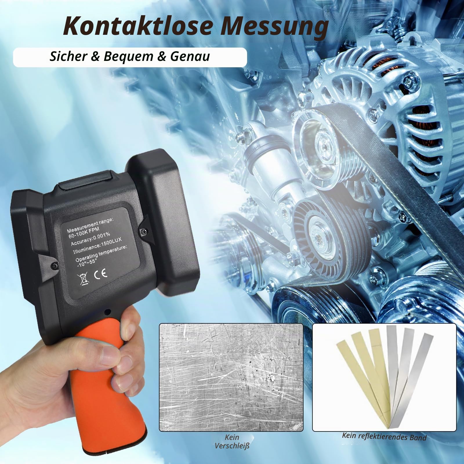 Digital Strobe Tachometer, Kethoz Handheld Stroboscope Speedometer Measure Motor Propeller Rotational Speed 60-100000 U/min mit 0.001%, Phasenanpassung, Akkubetrieben Non-Kontakt Stroboskop KE-8000B