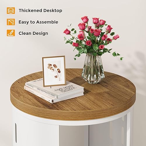 Miniatura 6 de Mesa auxiliar redonda, mesa auxiliar rústica de 2 niveles con estante de almacenamiento, mesita de noche pequeña con marco de metal blanco para sala