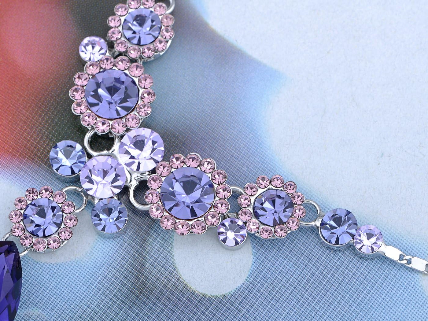 Alilang Crystal Silvery Tone Purple Blue Rhinestones Floral Daisy Bib Necklace Stud Earrings Set