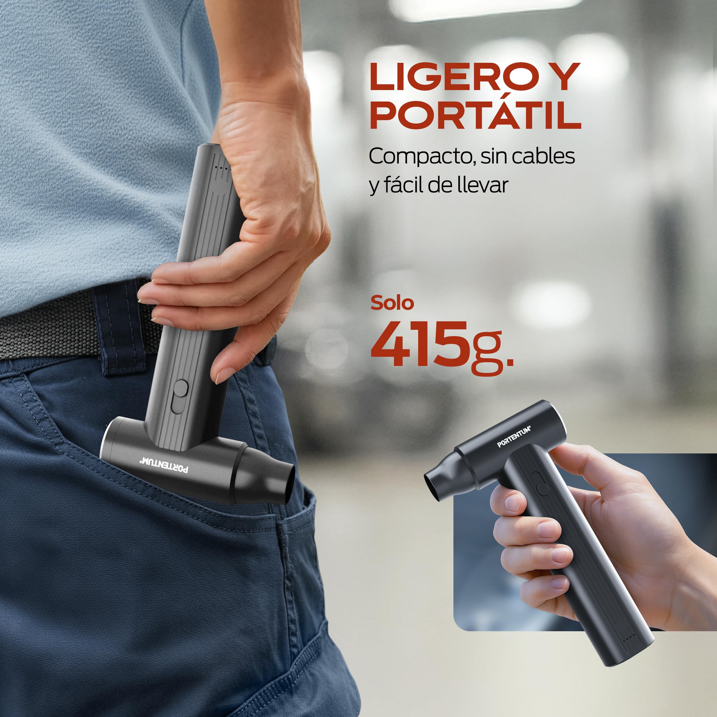 PORTENTUM 2 en 1 Mini Aspirador de Mano Potente 25 kPa – 10.000 mAh hasta 135 min USB-C – Soplador de Aire 180 km/h con Motor brushless – Aspirador Coche regulación Continua de Velocidad – Set de 11