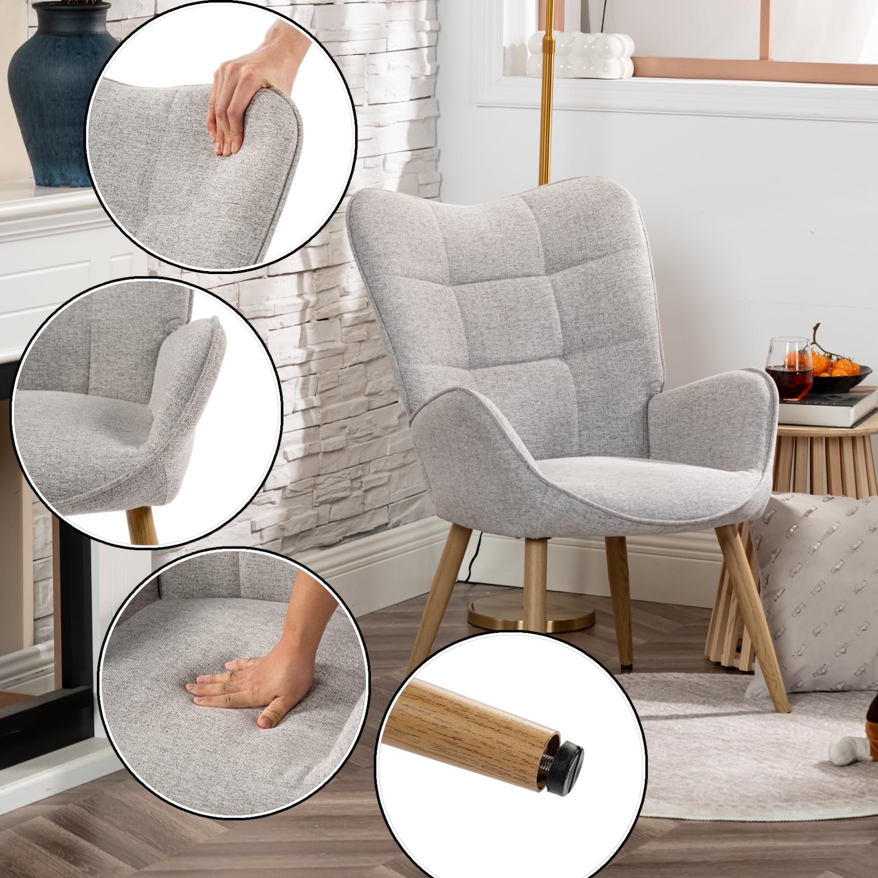 Chaise de Salle à Manger Grise avec Dossier Moelleux pour dîner en Cuisine Fauteuil scandinave en Tissu avec Pieds en Bois Massif et Assise épaisse pour Salle à Manger