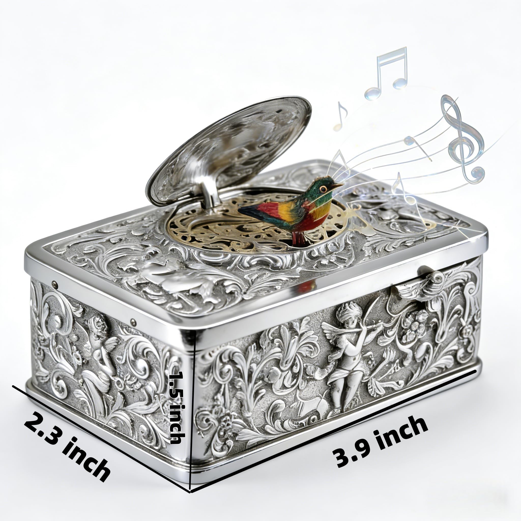 Caja de música Antigua mecánica de Cuerda con Forma de pájaro Cantor, Acabado Dorado.