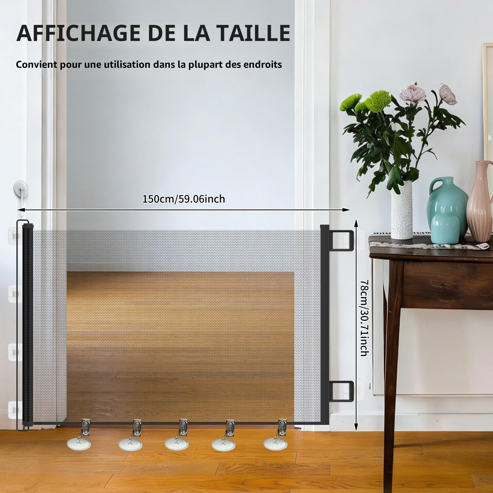 Barriere Escalier, Version AméLioréE, avec Verrou + Clip Anti-Fuite, sans PerçAge, RéGlable, Universelle pour Chats Et Chiens, IdéAle Cuisine, Balcon, Couloir (Noir, 150 * 78 CM)