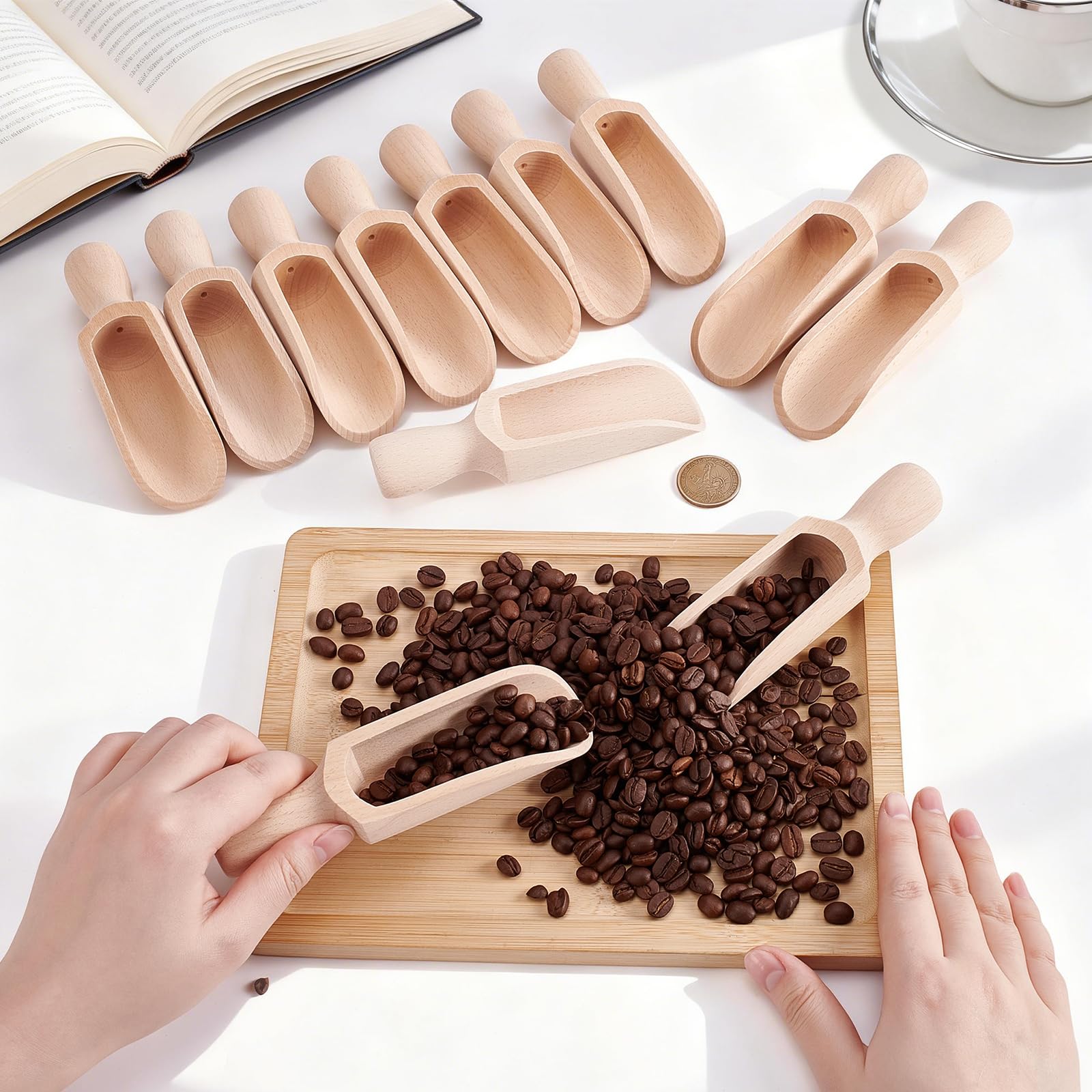 12 Stück Holzschaufel 14cm Buchenholz Bad Salz Scoop Mehrzweck Holzlöffel für Mehl Tee Kaffee Zucker Backen Gewürze Getreide Pfeffer Bad Salz und Mehr