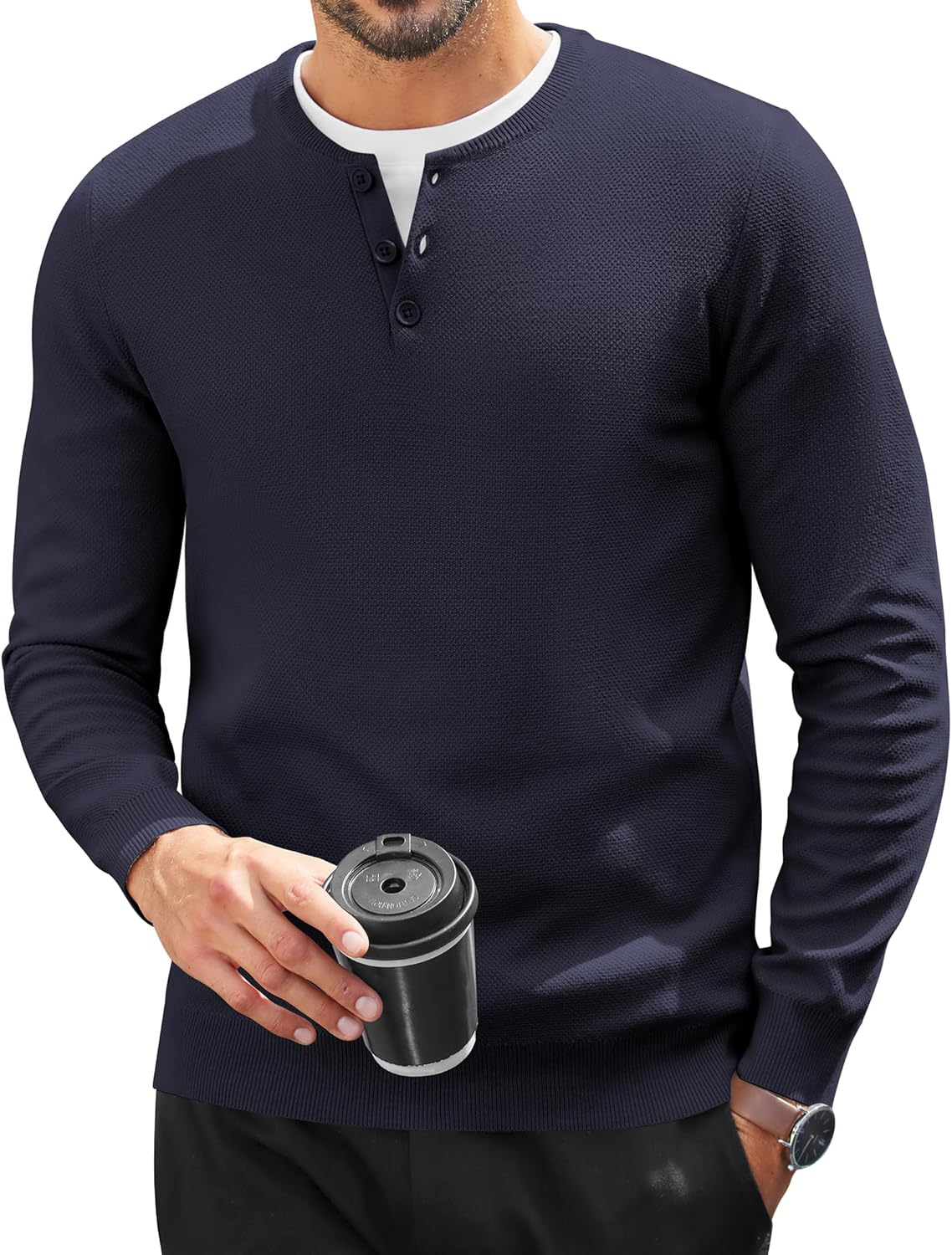 COOFANDY Maglietta Henley Uomo Maniche Corte - Tessuto Leggero In Cotone Misto, Con Bottoni, Colore Blu Navy, Taglia M - 4