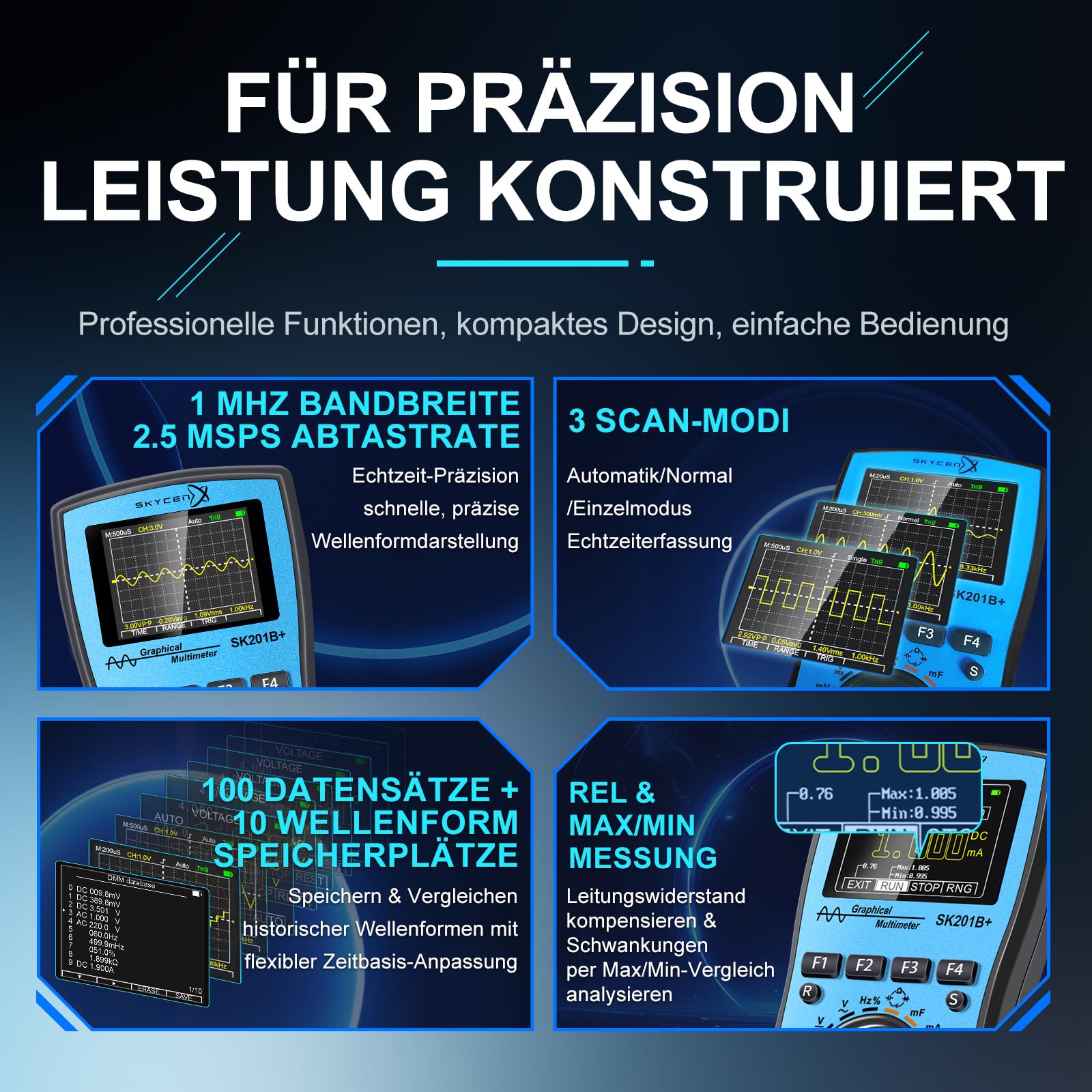 IN201B+ Oscilloscope numérique graphique intelligent Multimètre 2 en 1 avec écran couleur de 2,4 pouces Largeur de bande de 1MHz Taux d'échantillonnage de 2,5Msps pour le bricolage et les tests électr