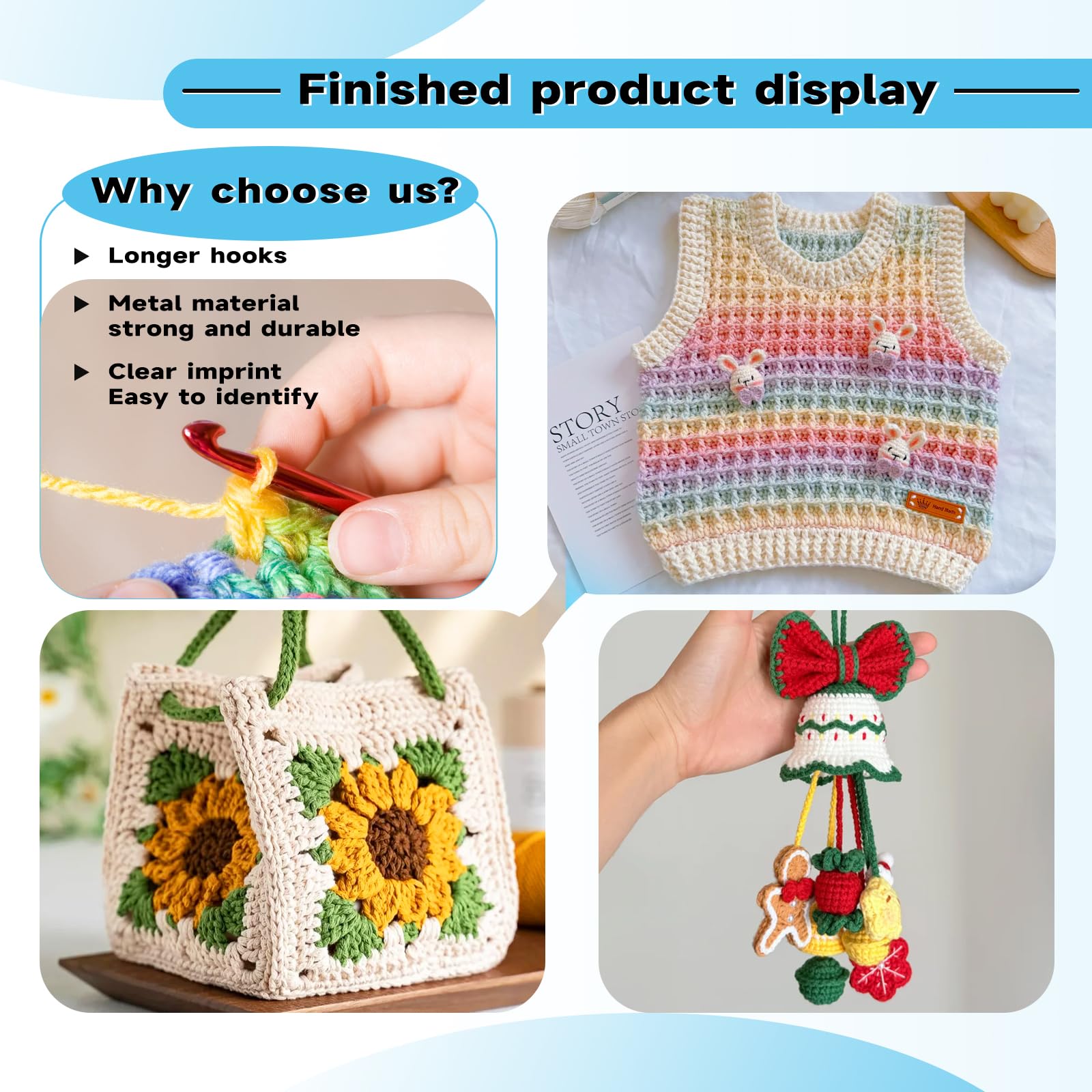 Mayboos Juego de 35 agujas de ganchillo, mango ergonómico de aluminio de colores, agujas de tejer para ganchillo para principiantes y experimentados ganchos de ganchillo