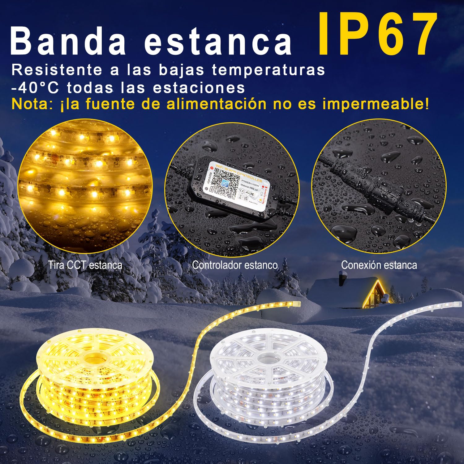 Luces Led Exterior Impermeable Blanco Frio a Blanco Calido, Tira Led Impermeable Alexa Compatible Wifi App y mando distan, Led Autoadhesiva 24V para Exterior Cocina (30M-IP67, 3000K-6500K)