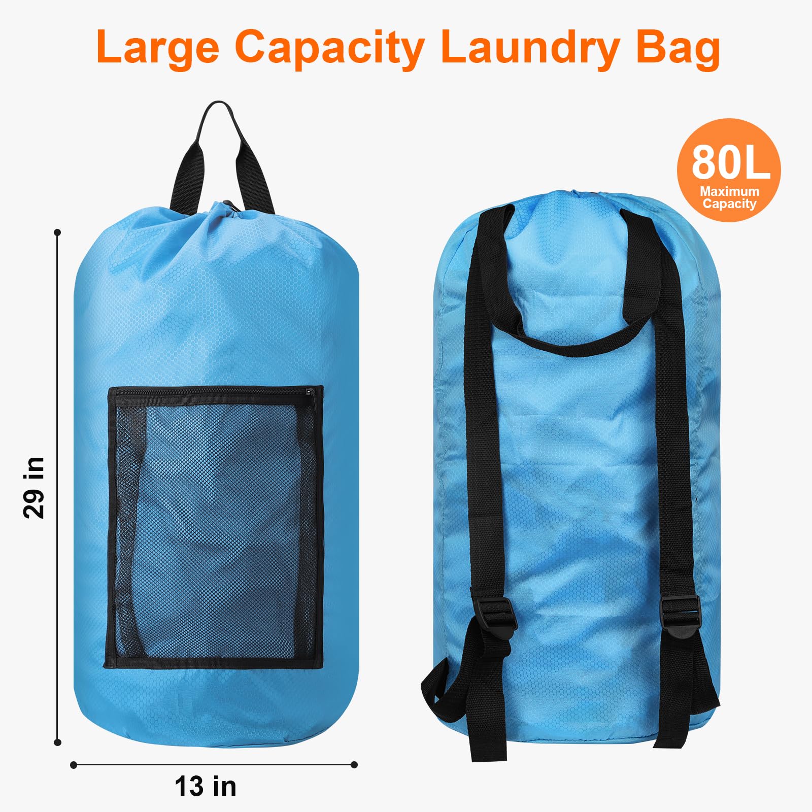 Bolsa de lavandería duradera con correas para los hombros y bolsillos de malla, bolsa portátil para ropa sucia para dormitorio universitario (azul)