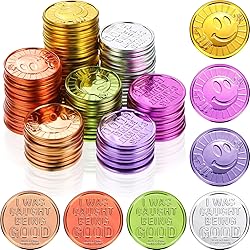 Civaner 100 Pcs Kids Caught Being Good Coins Laugh Face Behavior Tokens Classroom Behavior Incentive Plastic Coins Gift Reward Tokens for School Student Prize Play Counting Party Supplies