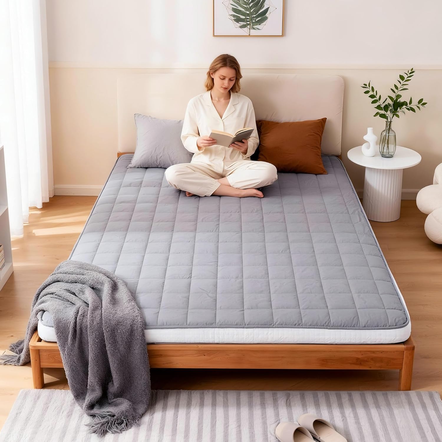 Welnow Japanese Futon Floor Mattress, Twin Size Thick Tatami Mat Portable & Foldable Roll Up Floor Bed Mattress with Storage Bag, Sleeping Pad for Adults, Dorm, Guest Bed, Camping and Travel, Grey