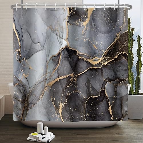 Baocicco - Cortina de ducha de mármol gris y dorado, cortina de ducha moderna y lujosa, abstracta, decorativa para baños y bañeras, cortina de ducha