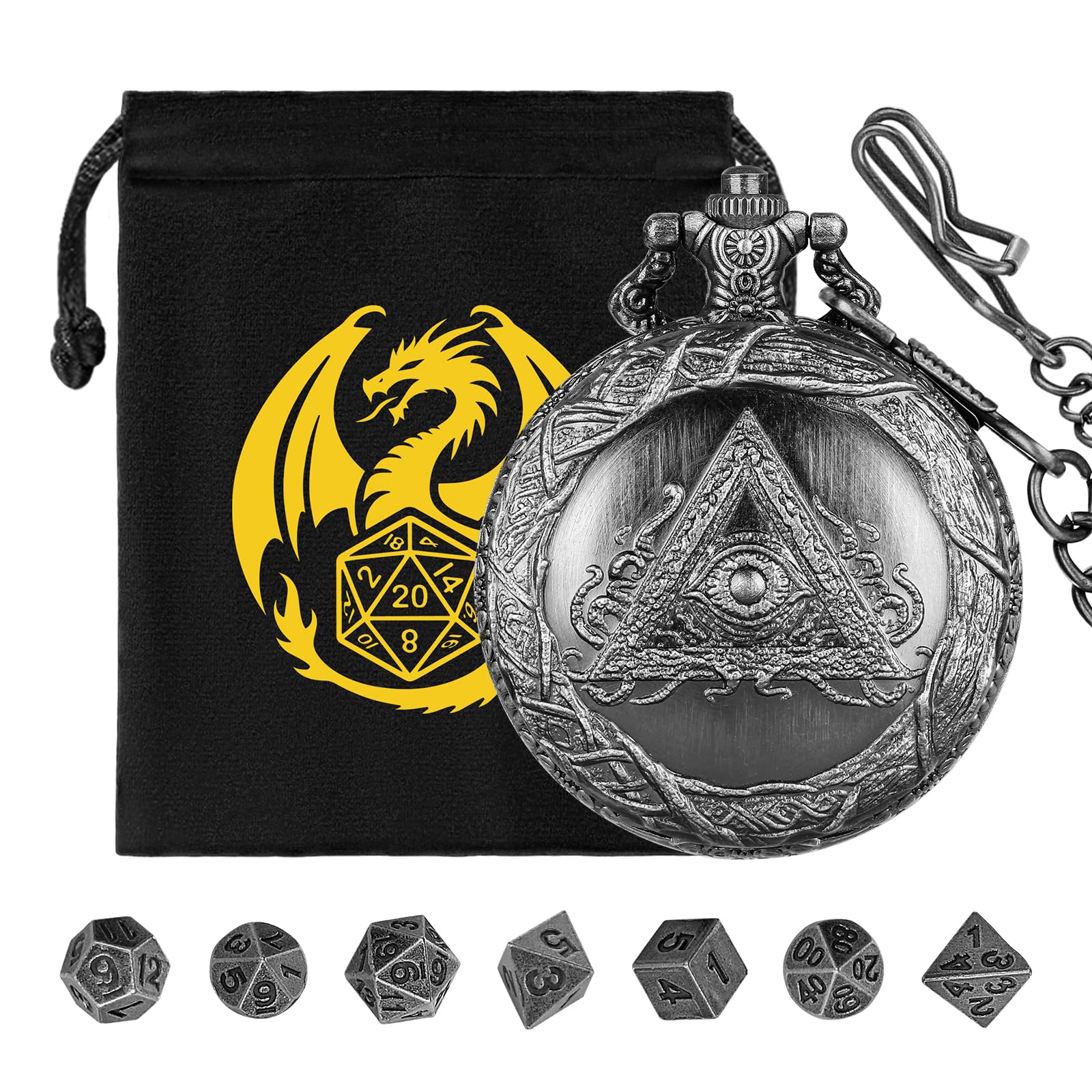 Mini DND Dice Set, with Steampunk Triangular Eye Pocket Watch Shell Case, 7-Piece Polyhedral Metal D&D Dice