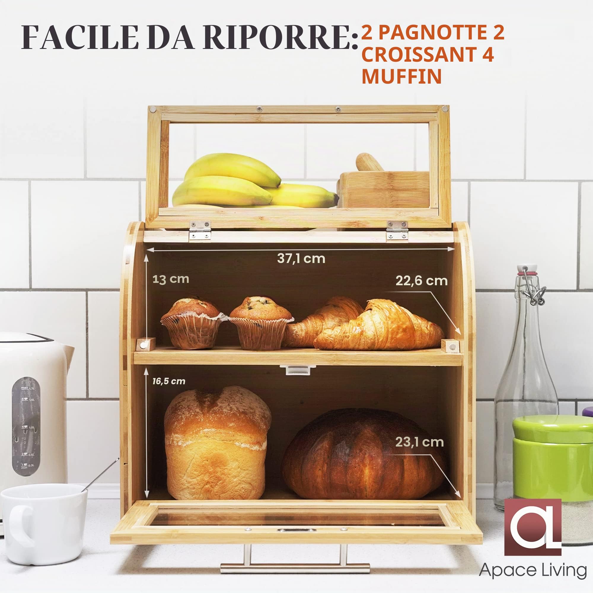 Apace Living Elegante Portapane in per Cucina, Cesta in Legno per Pane Extra-large 2 Ripiani con Vetrine Trasparenti e Prese d’Aria per Mantenere Freschi Pane e Dolci 40 x 26 x 37