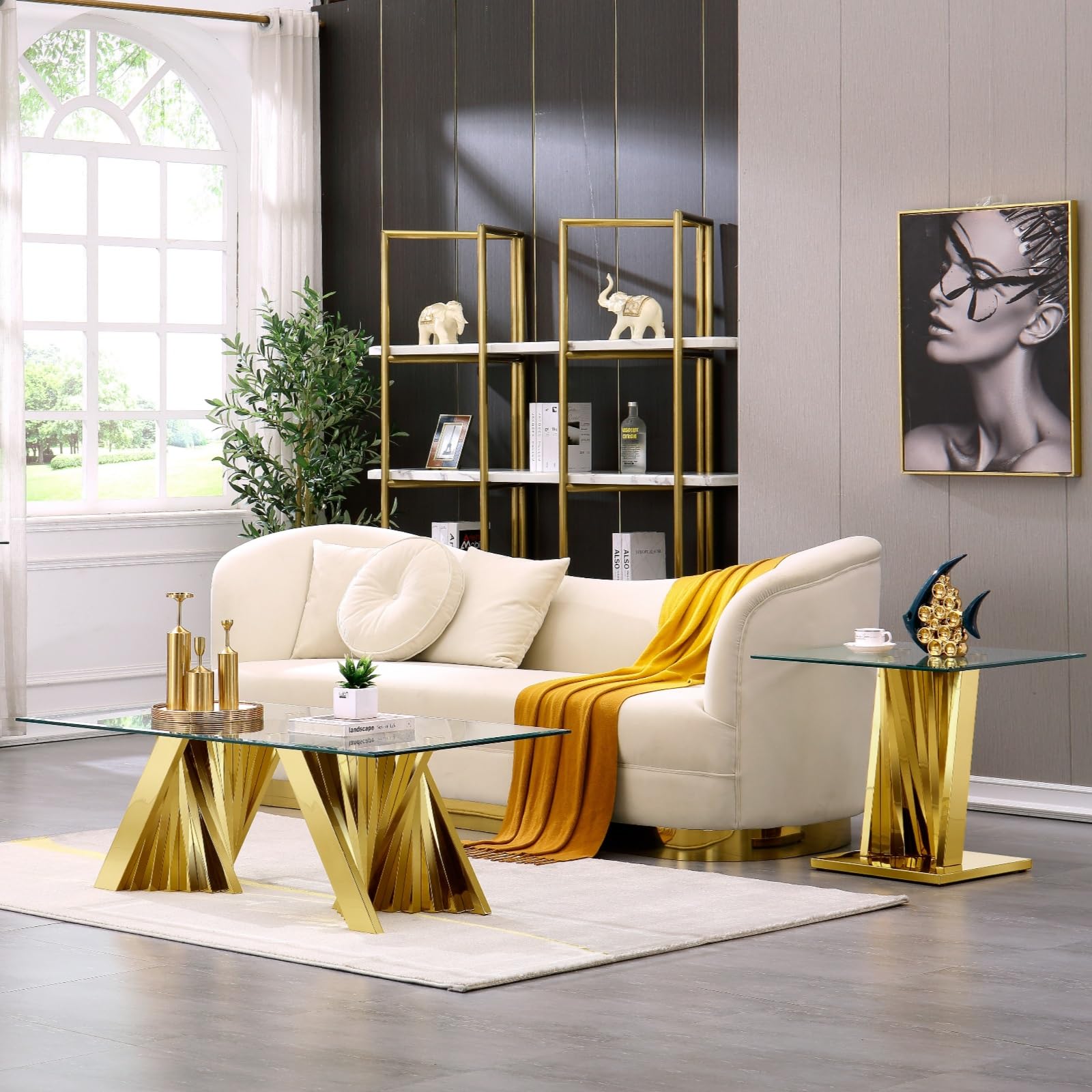 Anewsun Coffee End Table Set of 2, Gold Living Room Table Set with Clear Glass and Gorgeous Polished Stainless Steel Base