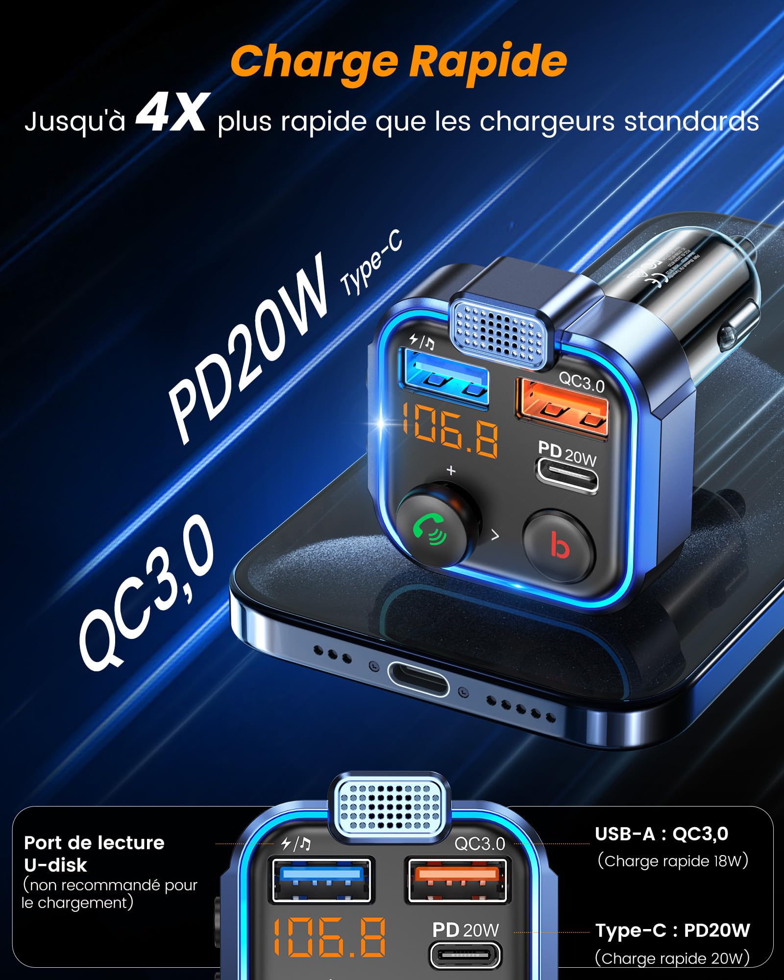 LENCENT Transmetteur FM Voiture, Allume Cigare Bluetooth 5.3 Émetteur Radio, Chargeur Rapide PD 20W Type C+ QC3.0, Appels Mains Libres, Lecteur de Musique MP3 Basse Support U Disk