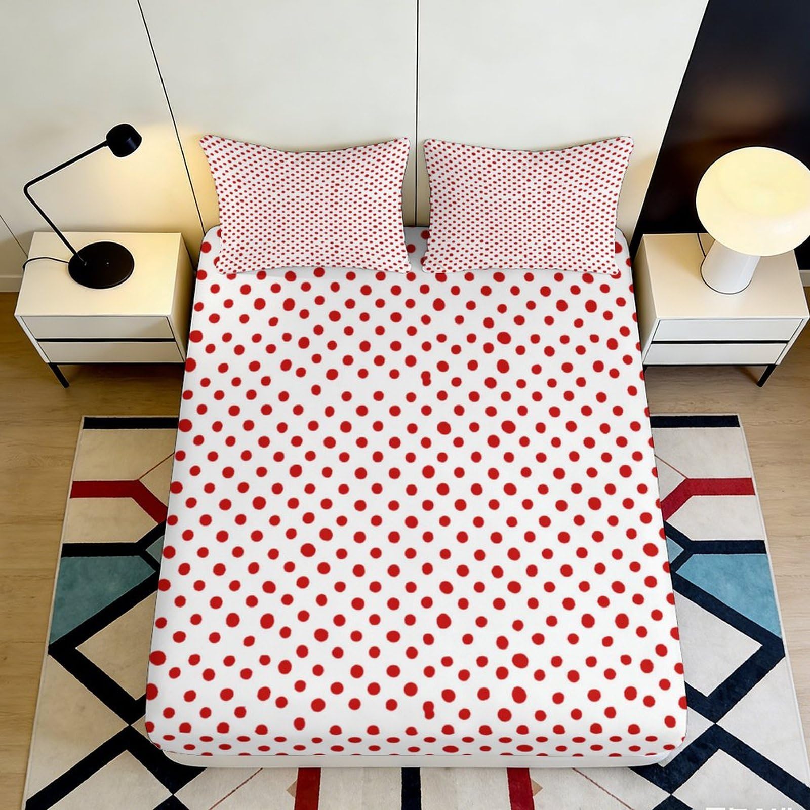 3D Printed Red Polka Dot Fitted Sheet Microfiber Soft Breathable White Spot Bed Cover for Bedroom Dorm Decor 90x200x25cm