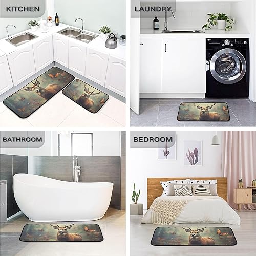 Miniatura 5 de Deer Butterfly Kitchen Mat 2 Pcs Set, Low Pile Kitchen Rugs Cushioned Water Absorbent Washable Floor Mats for Kitchen Sink Laundry Room
