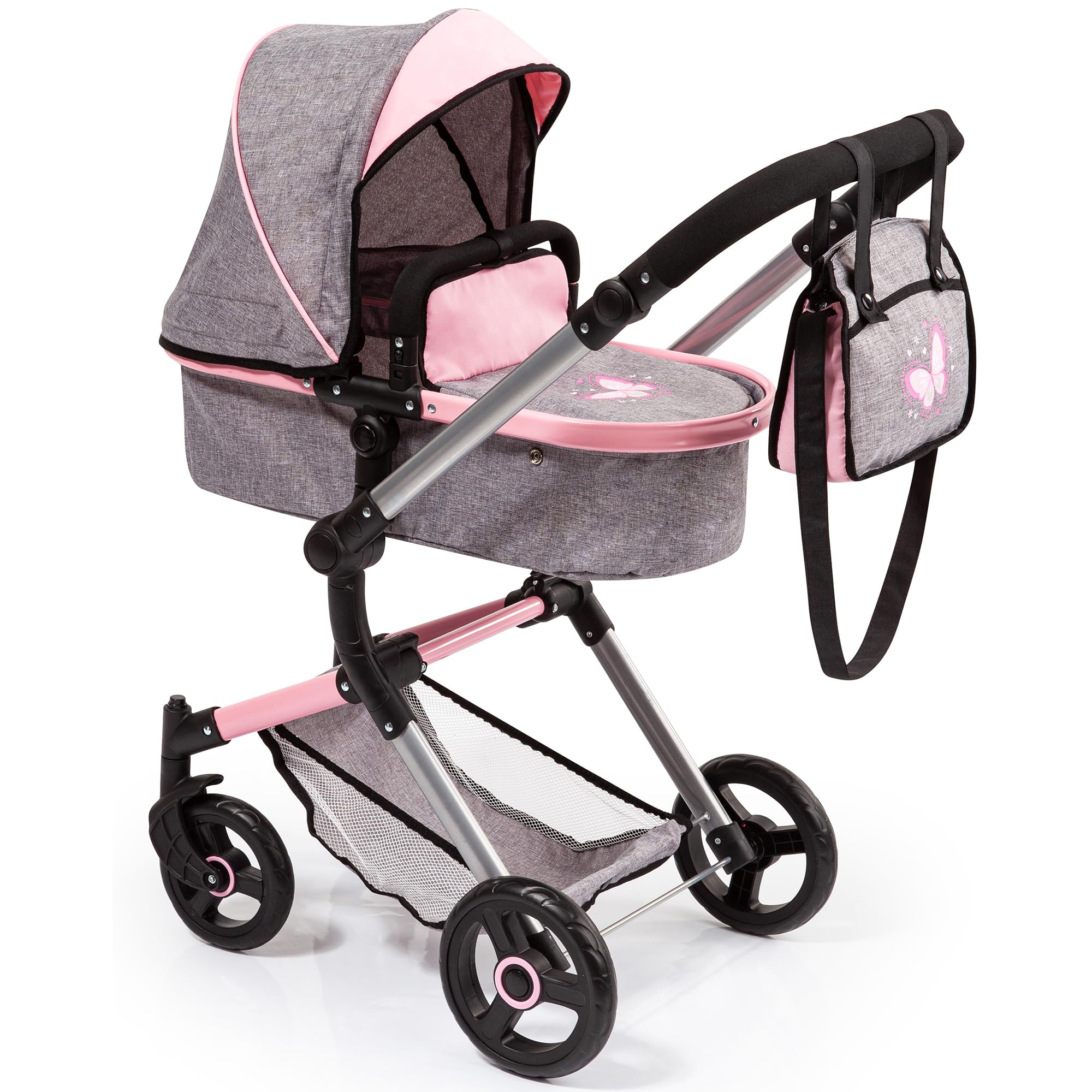 18433AA Dolls Pram NEO Vario stroller, bag, convertible, foldable, adjustable handle, Grey Jeans-look, Pink, Butterfly