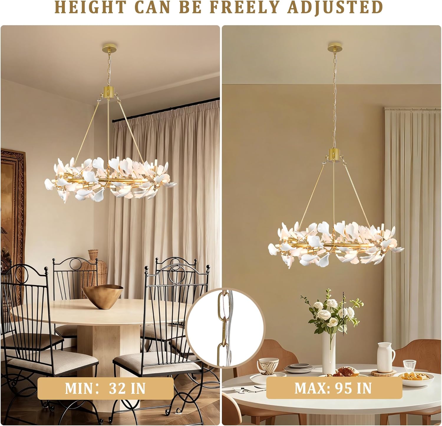 Gold Farmhouse Chandeliers for Dining Room 28 Lights Ceramic Ginkgo Leaf Chandeliers 35.5" Round Tree Branch Chandelier Light Fixture for Bedroom Entryway Kitchen Living Room