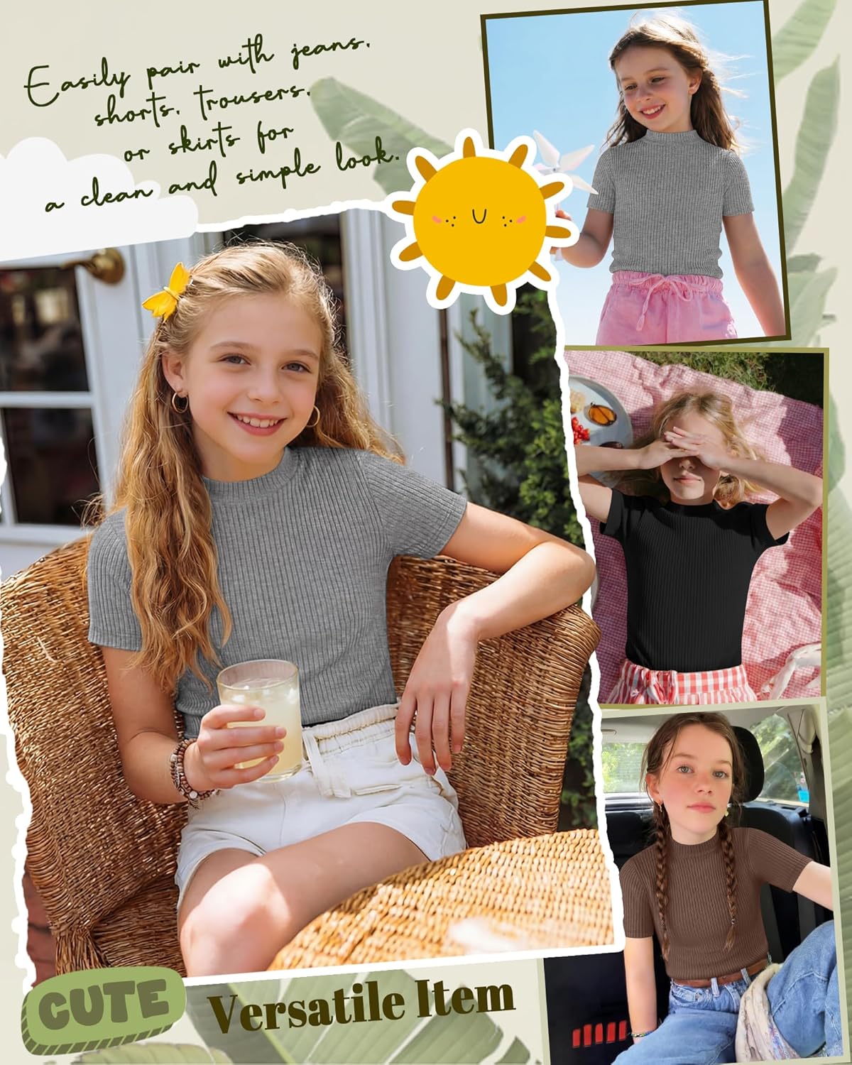 3 Pack Girls Mock Turtleneck Short Sleeve Shirts Kids Ribbed Knit T Shirts Slim Fit Tops Basic Casual Summer Tee - Image 3