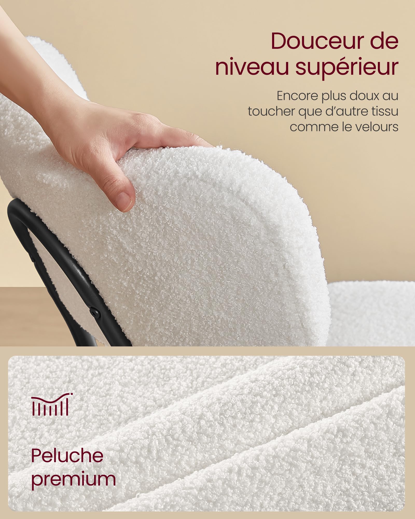 VASAGLE Chaises Salle à Manger, Lot de 6, Tissu Peluche, Dossier Courbé, Chaises de Cuisine, Rembourrées, Cader en Acier, Modernes, Salon, Coiffeuse, Blanc Crème KDC110W16