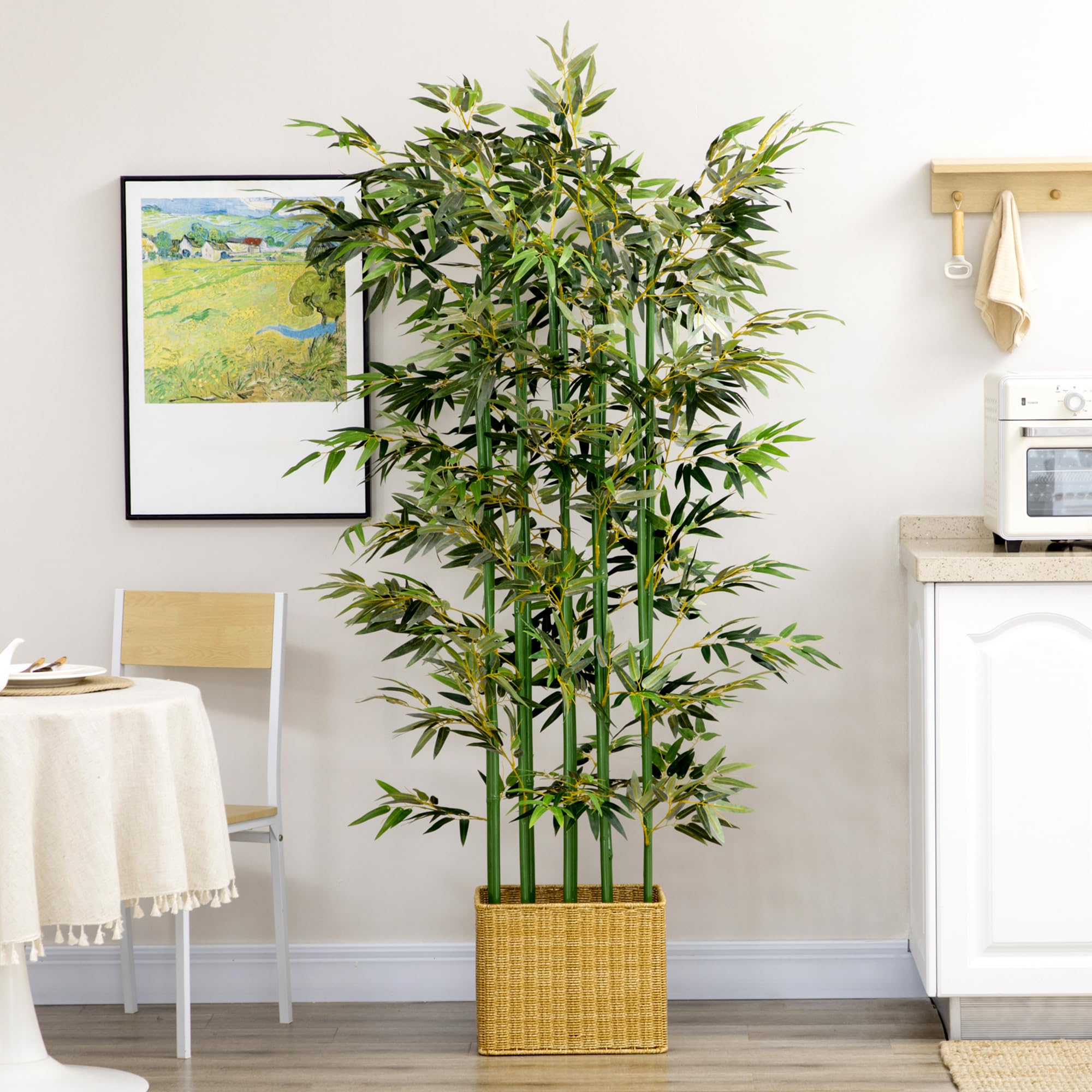 HOMCOM Pianta di Bambù Artificiale Alta 180 cm da 1640 Foglie, Pianta Finta da Interno con Vaso in Legno di Pino, per Esterno, Giardino, Casa, 35x10x10 cm, Verde