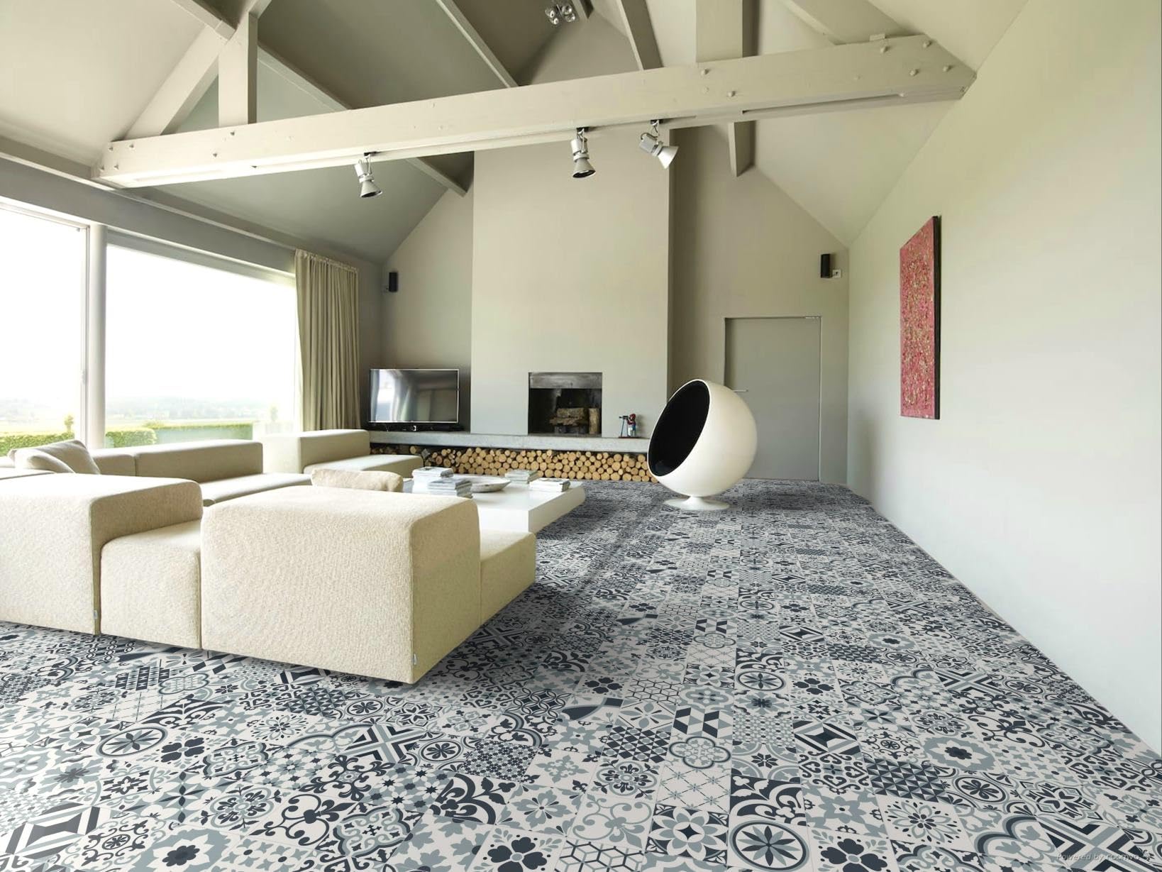 PVC Bodenbelag Vinylboden in Retro Patchwork Fliesen Muster, Zuschnitt (2m breit / 2m lang)