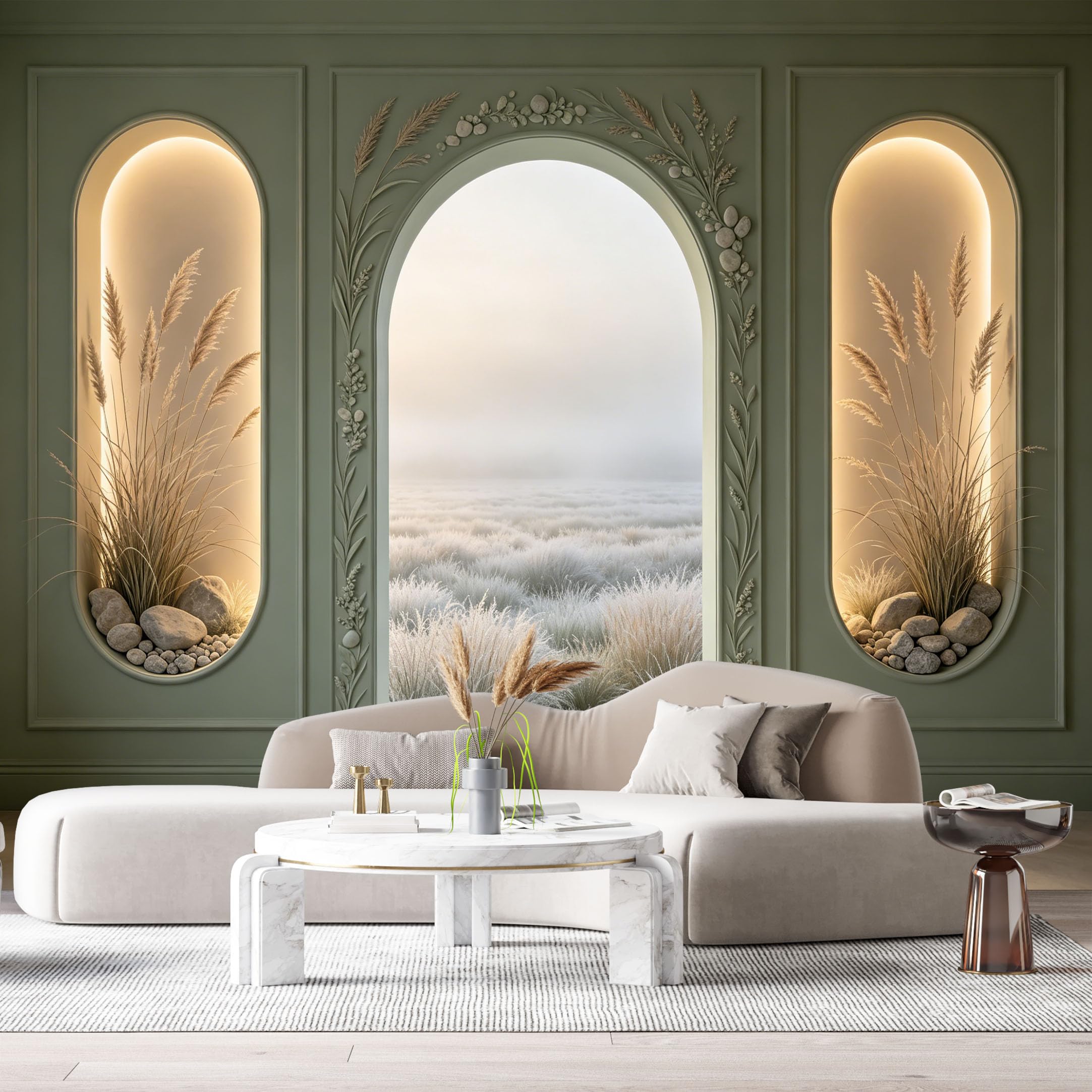 Custom Size Wall Murals Minimalist Sage Green Archway Oval Niches 3D Trompe L'Oeil SelfAdhesiveWall Fabric Removable Wallpaper Wall Decor for Living Room Bedroom Bathroom