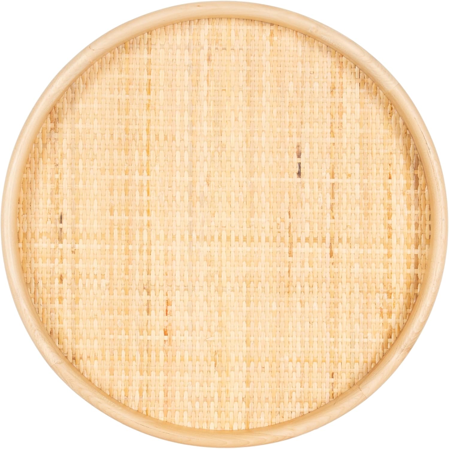 Kate and Laurel Planche Decorative Footed Woven Rattan Round Tray with Solid Wood Frame, 16 Inch Diameter, Natural, Modern Circle Wood Serving Tray for Living Room or Entryway Decor