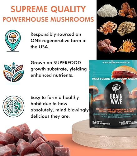 Miniatura 8 de Superfood - Gomitas de hongos  Delicioso suplemento diario de hongos múltiples 2,008 mg  Melena de León + hongo Reishi + Cordyceps + cola de pavo +