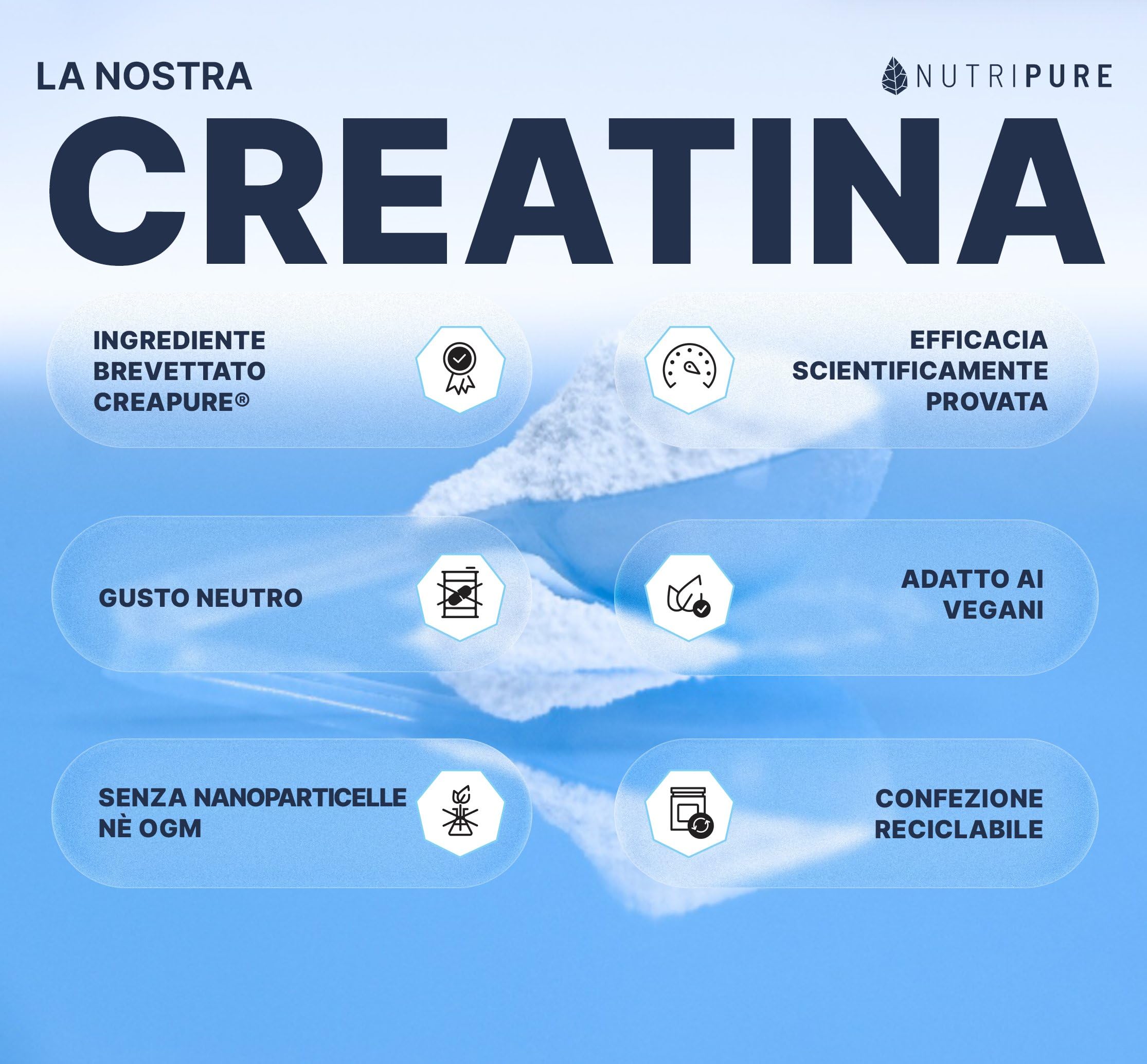 Nutripure | Creatina Monoidrato in Polvere Creapure® 100% Pura | Gusto Neutro | Vegana | Aumento della Forza Muscolare | Ideale per Sport Intensi e per il bodybuilding| 150 g | Prodotto in Germania