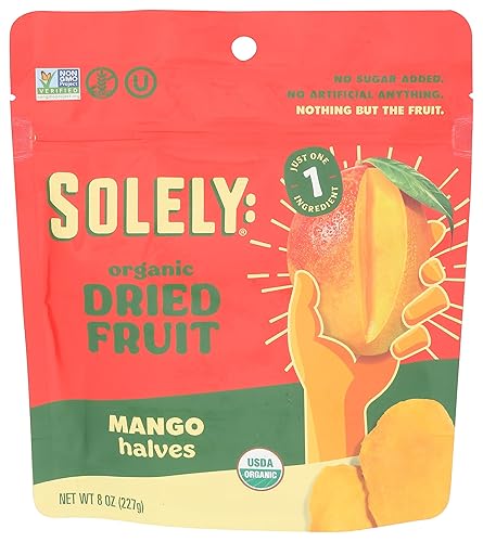 SOLELY Mitades de mango seco orgánico, grande (paquete de 1) | Un ingrediente | Vegano | Sin OMG | Sin azúcar añadida
