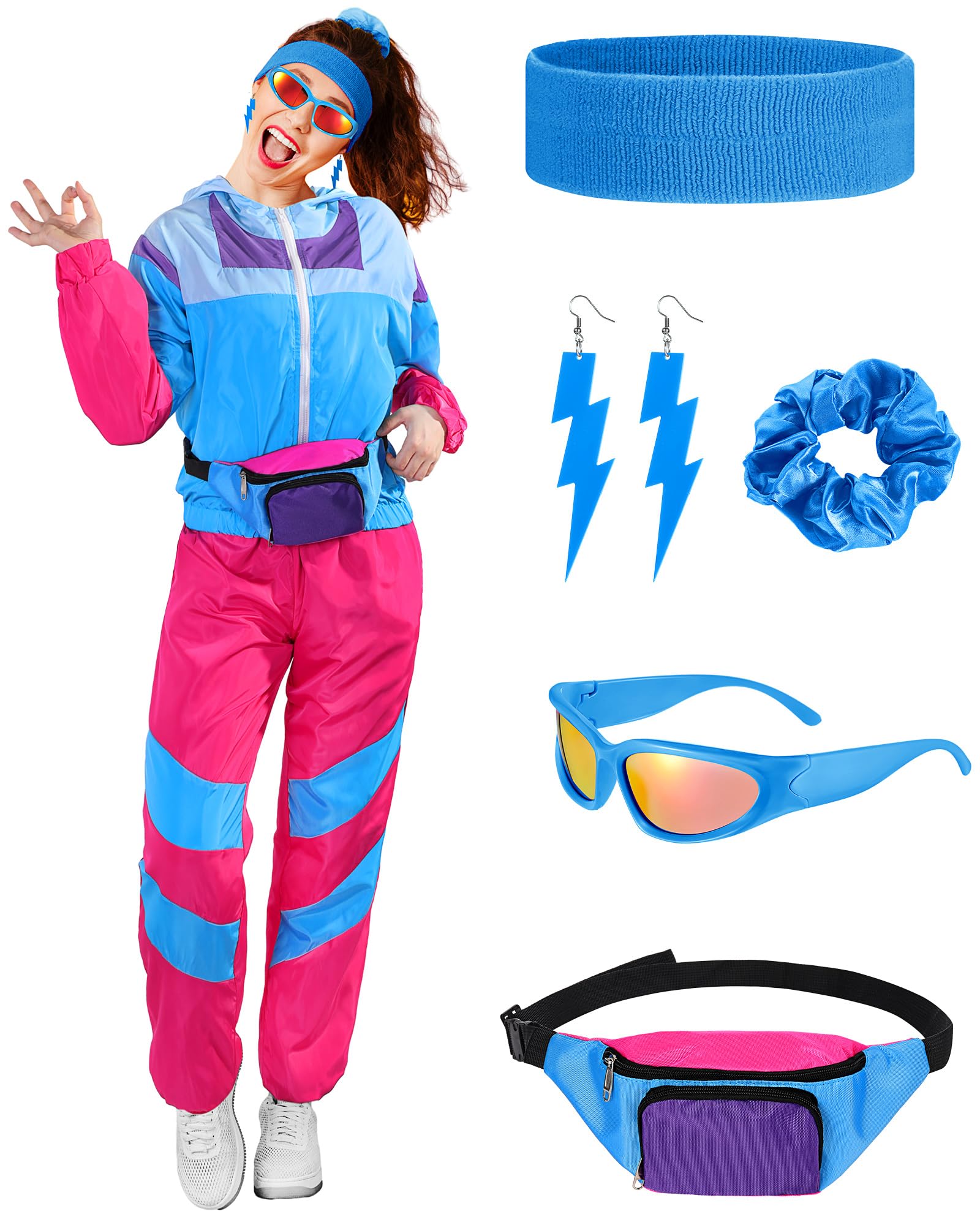 Ramede 80s Outfits for Women 90s Workout Halloween Costume Neon Wear Tracksuit Windbreaker Disco Party Accessories