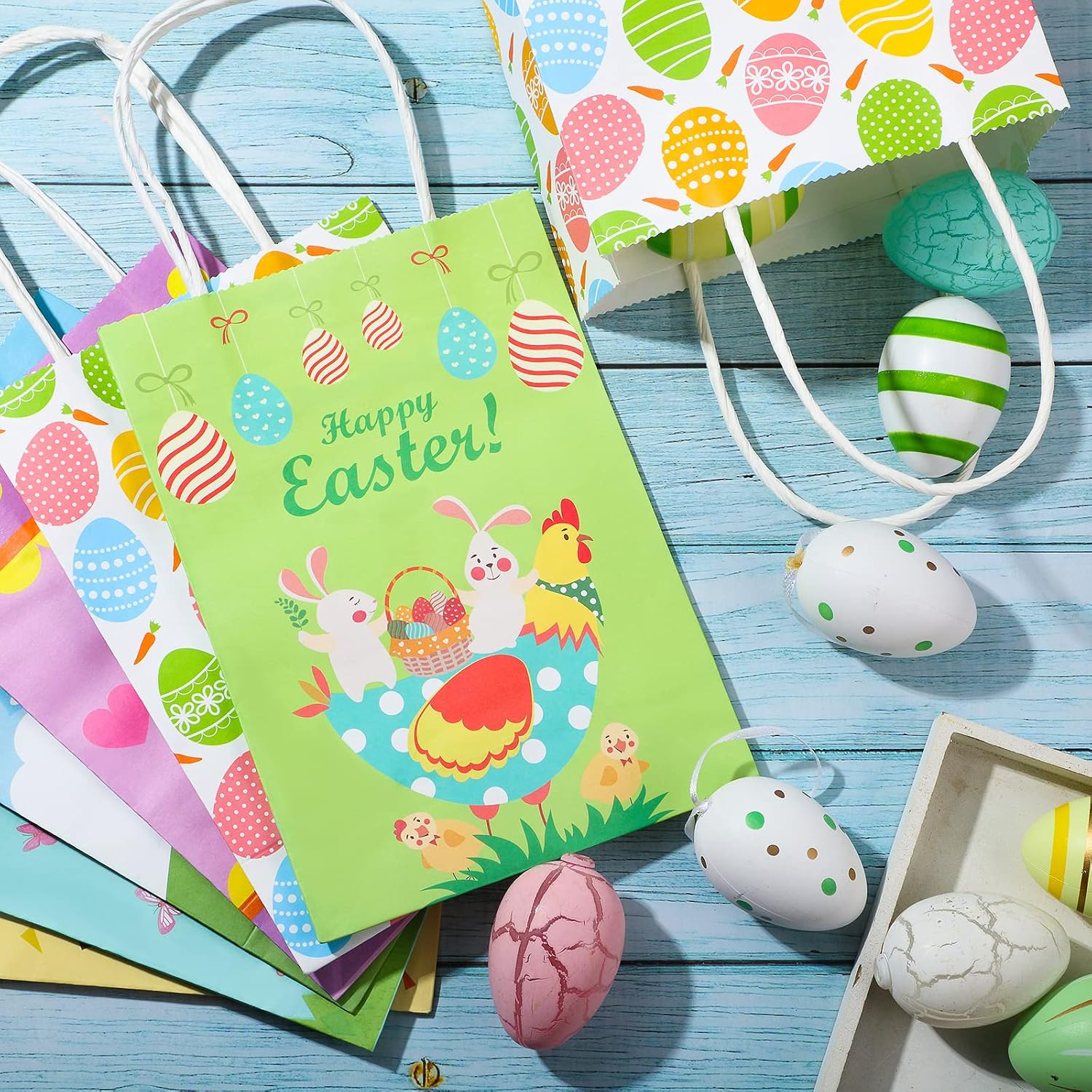 Spakon 12 Pcs Easter Gift Paper Bags Easter Party Favor Bags with Handles for Goodies Treats Candy Snack Kids Holiday Party Supplies Gift Wrapping