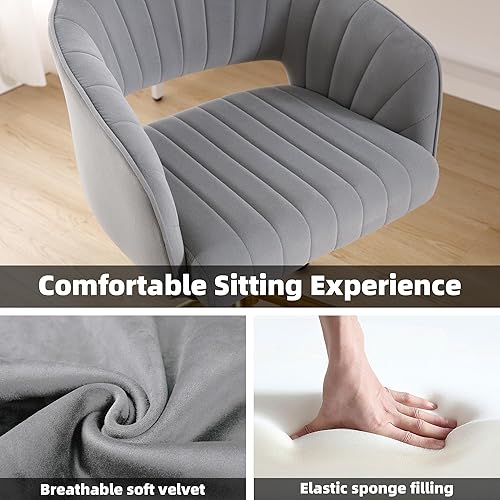 Miniatura 6 de Sillas de escritorio grises para oficina en casa, moderna silla rodante de terciopelo, silla giratoria de altura ajustable con base dorada, silla