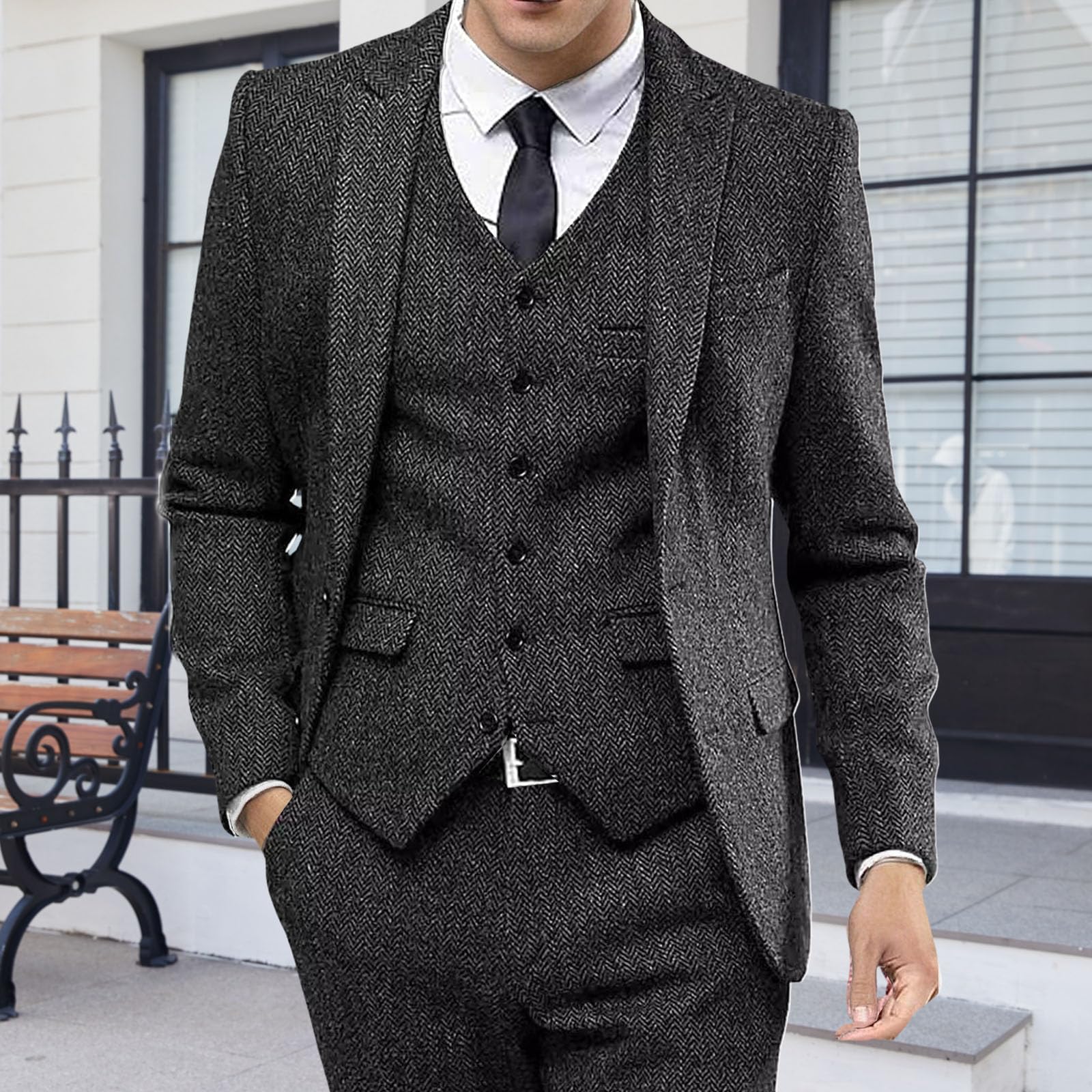Traje de 3 piezas de tweed para hombre, traje de esmoquin formal y ajustado, traje de esmoquin formal, blazer, pantalones, chaleco