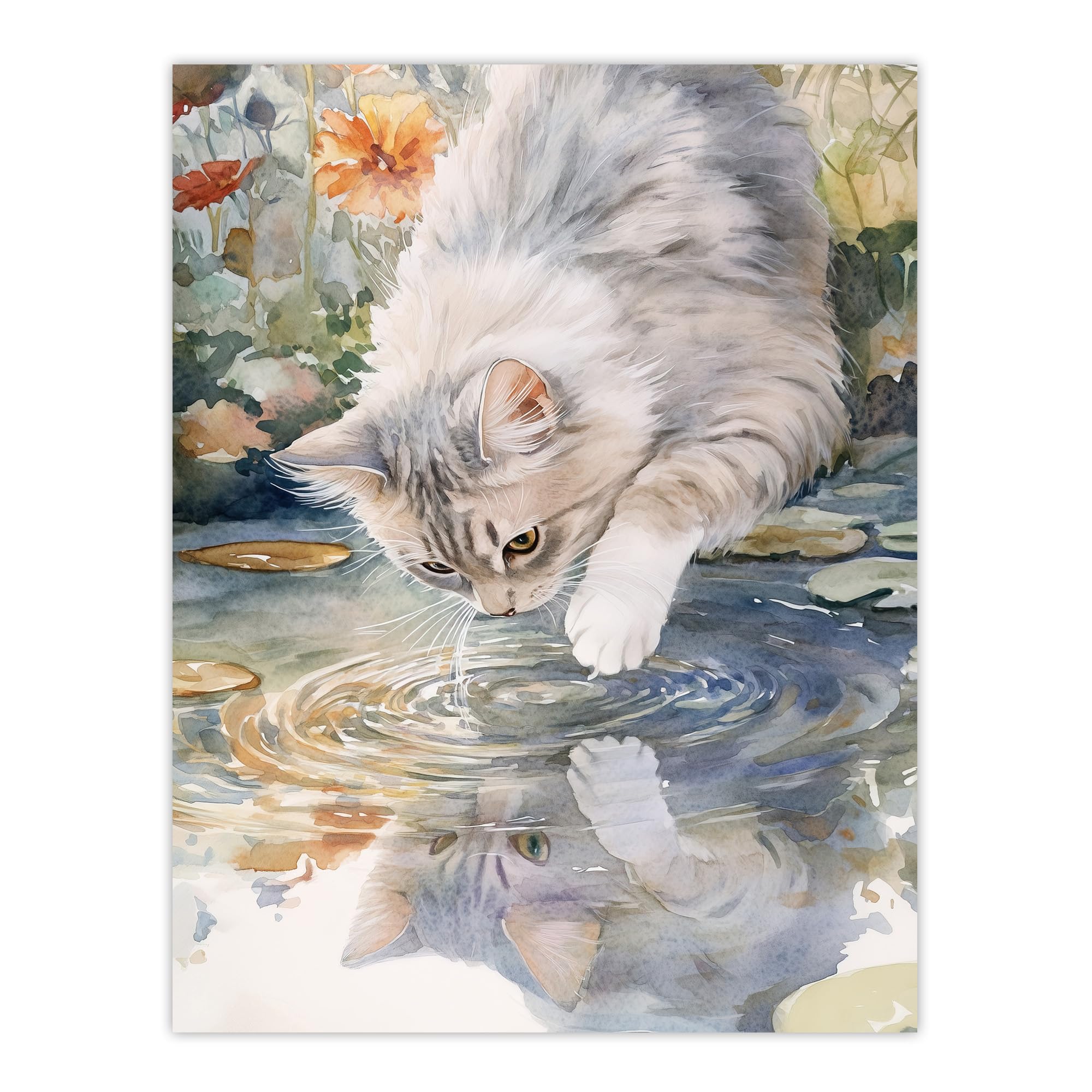 Artery8 Cat Lover Cute Kitten Pond Lake Watercolour Bathroom Toilet Extra Large XL Wall Art Poster Print