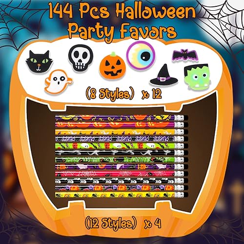 Miniatura 4 de Libima 144 lápices y borradores de Halloween a granel para niños, lápices de madera con borradores de calabaza, fantasma, murciélago para recuerdos