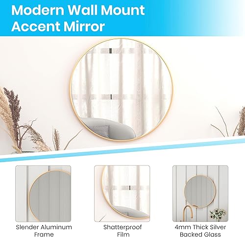 Miniatura 4 de Espejo de pared redondo con marco de metal dorado de 24 pulgadas, espejo grande para baño, tocador, entrada, comedor y sala de estar