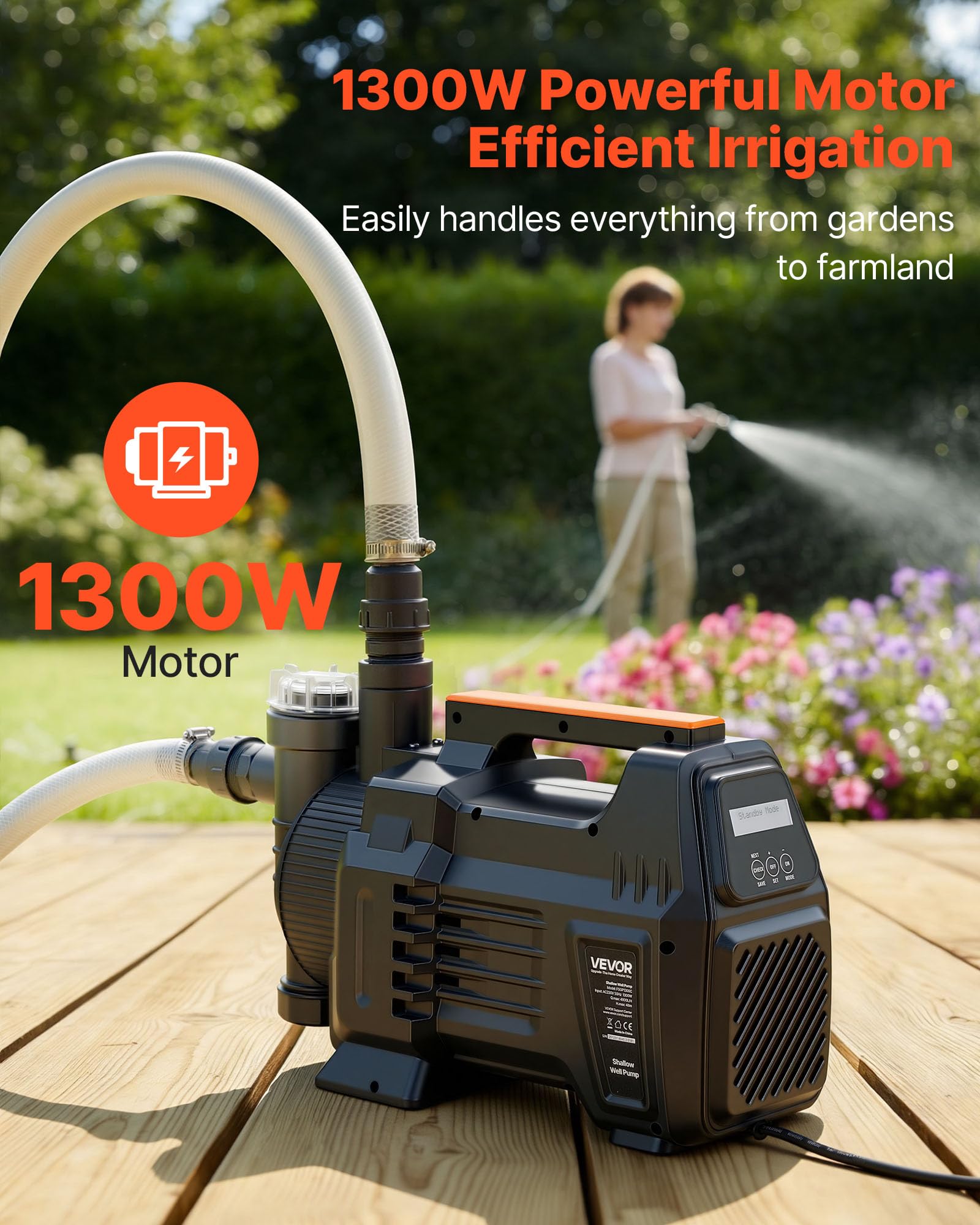 VEVOR Bomba de Chorro Electrónica de PP para Pozos Poco Profundos 1300 W 230 V, Caudal Máximo de 4800 L/h, Altura de Succión de 8 m, Control Electrónico Inteligente, para Riego de Jardines, Césped