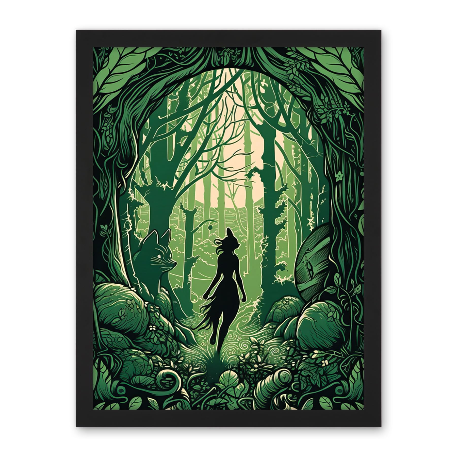 Artery8 Anthropomorphic Fox Silhouette Forest Art Nouveau Artwork Framed Wall Art Print 18X24 Inch