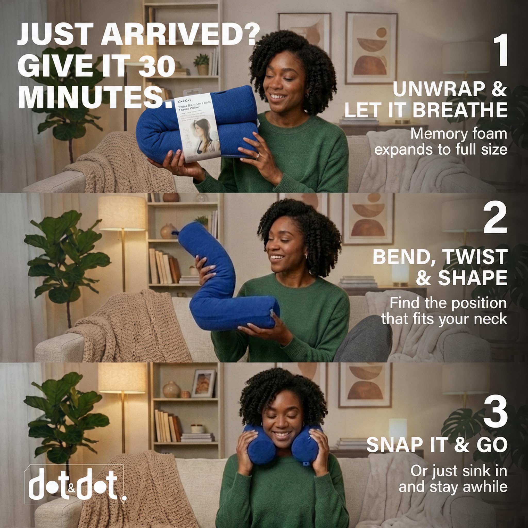 Dot&Dot Twist Memory Foam Reisekissen für Flugzeuge - Reise-Nackenkissen zum Schlafen - Flugzeugkissen für Nackenstütze, Kinn, Lendenwirbelsäule und Bein - Verstellbares, biegbares Nackenrollenkissen