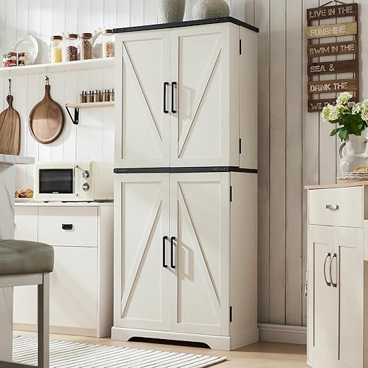 JXQTLINGMU 72" Tall Storage Cabinet, Farmhouse Pantry Cabinet with Door Shelves, Drawer and Magnetic Catches, Rustic Wood Organizer for Kitchen, Bathroom, Living Room, Off White