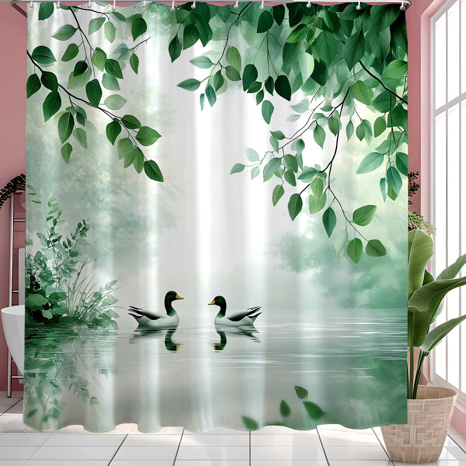 GXUNNAA Green Leaf Shower Curtain, Polyester Leaves Plants Bathroom Curtain with 12 Hooks, Washable Fabric for Wet Room/Bath Decor (200cm X 200cm)