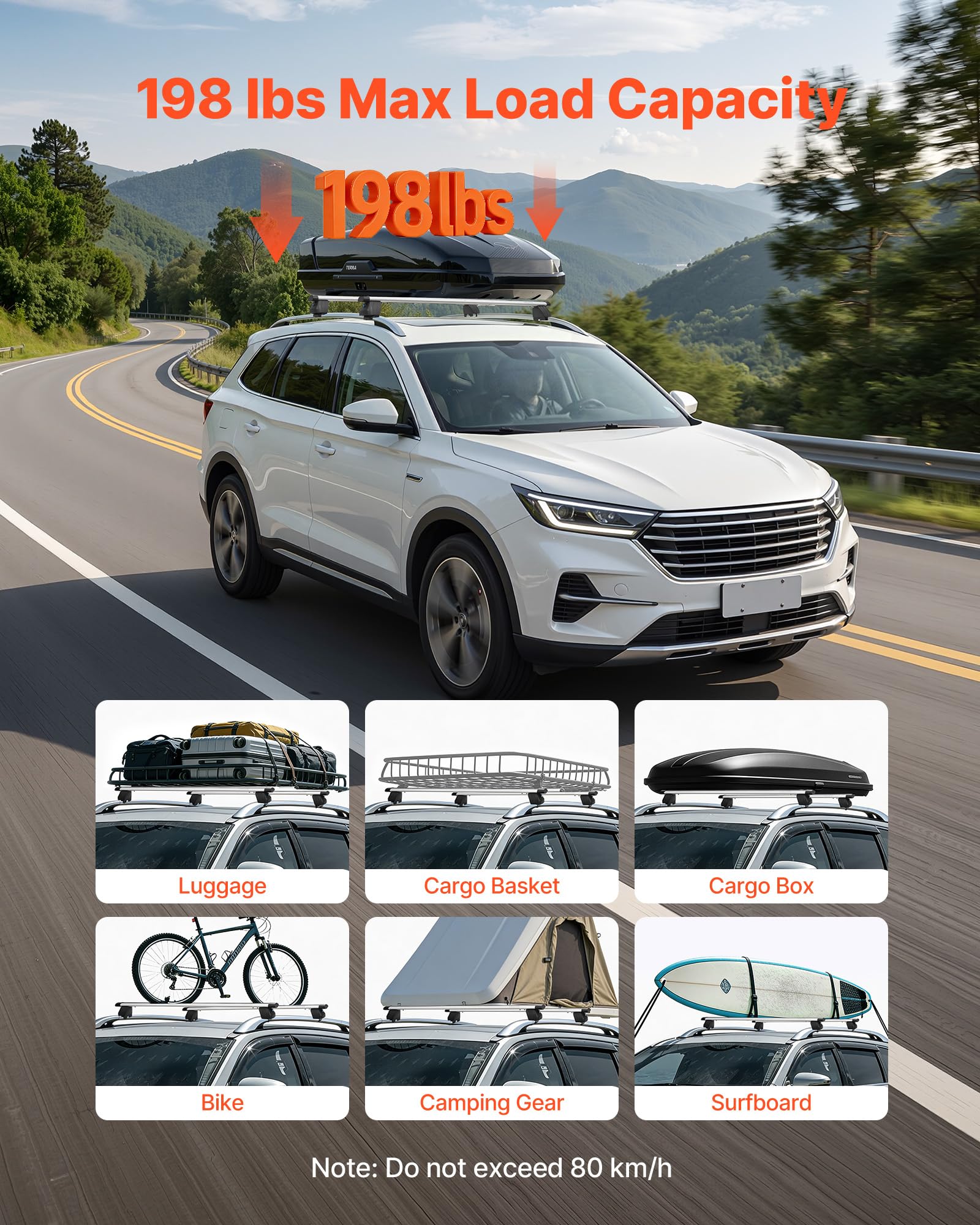VEVOR Barres Transversales de Toit, Barre Porte Bagages Charge 90 kg 120 cm, pour Rails de Toit Surélevés et Intégrés avec Écartement 18-108,5 cm, en Aluminium, pour Panier Galerie Camping Voyage