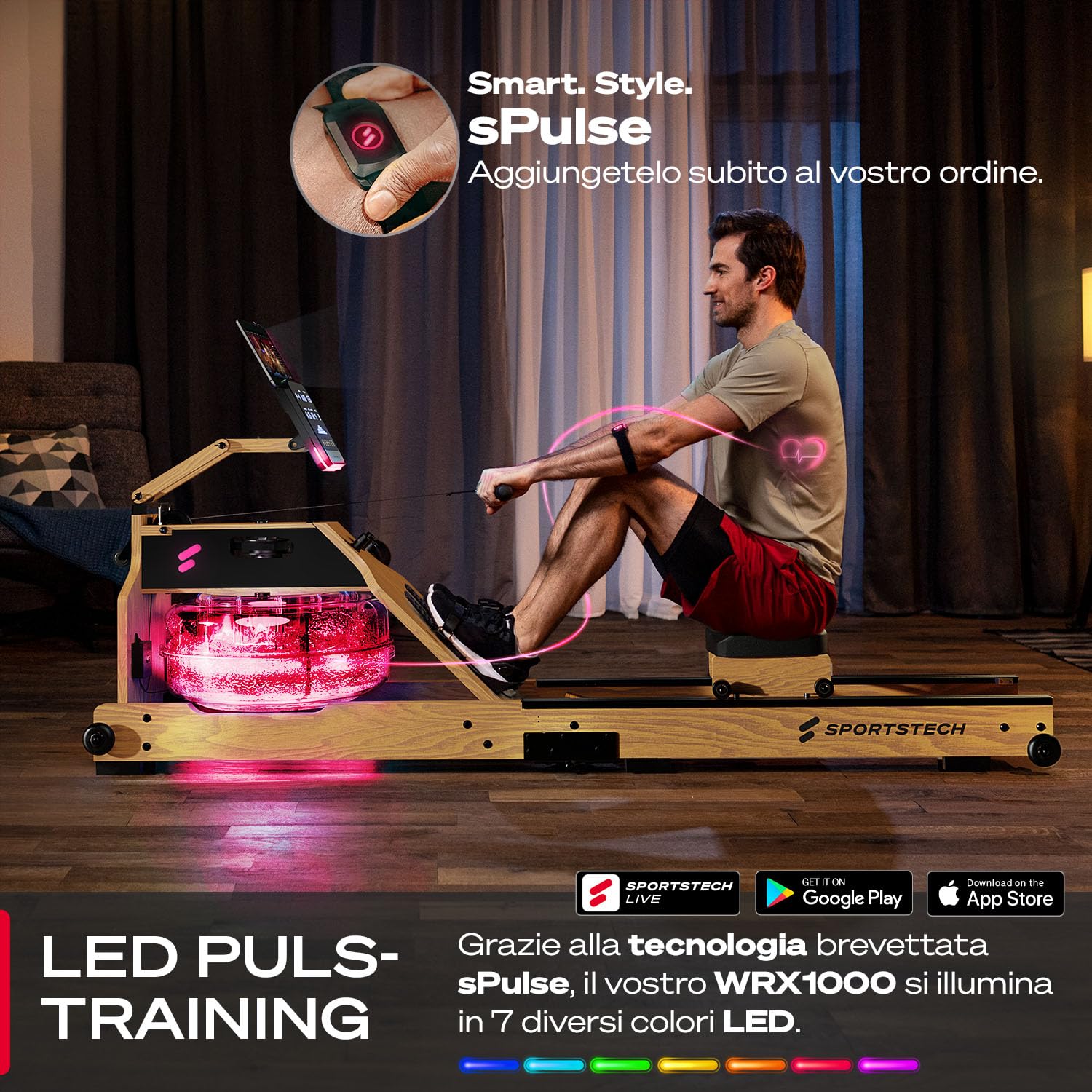 Sportstech - WRX1000 Water Vogatore, Vogatore Pieghevole per Casa, Premium Vogatore ad Acqua con Tecnologia Pulse Serbatoio dell'Acqua a 7 Zone LED e Display LCD
