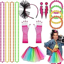 80s Costume Accessories for Women and Girls, Retro Evening with Rainbow Colour Dress Neon Necklaces Lace Hoop Beads Necklace 1980s Party Costume - 6 Pieces
