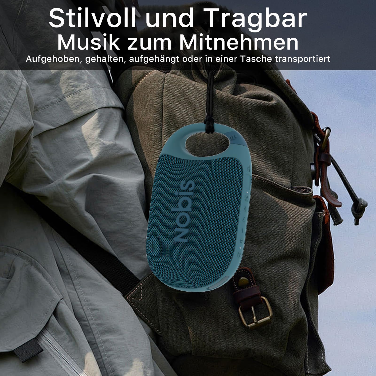 NOBIS Clip N1 Tragbarer Bluetooth Lautsprecher mit App, Beat-Modus, bis zu 24 Stunden Spielzeit, IP68 wasserdicht, BT 5.3, HD-Sound, Stereo-Paarung, Custom EQ, perfekt für Outdoor (Blau)